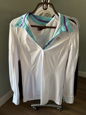 White Horse Show Shirt with Aqua Trim and Purple Detail